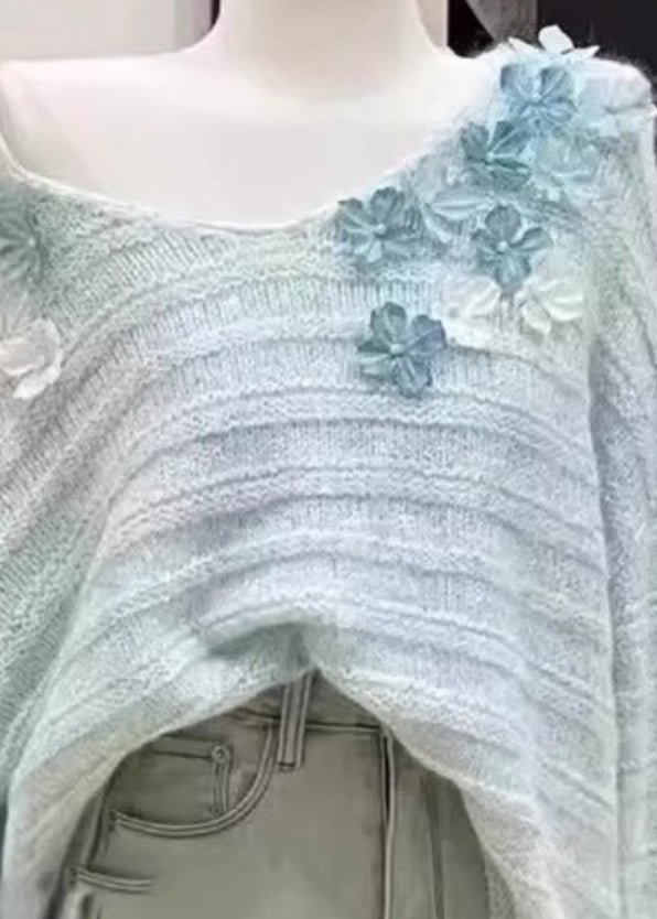 New Light Blue Cold Shoulder Knit Sweaters Spring