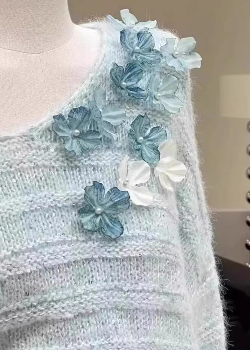 New Light Blue Cold Shoulder Knit Sweaters Spring