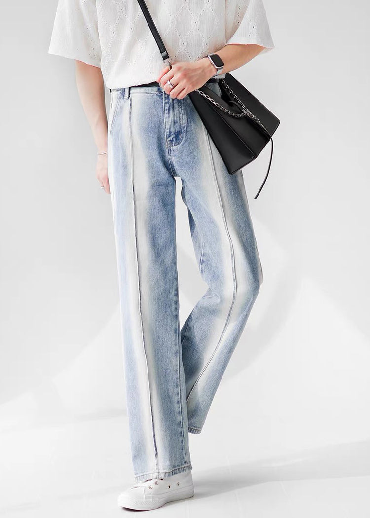 New Light Blue Pockets Tie Dye Fine Denim Pants Fall