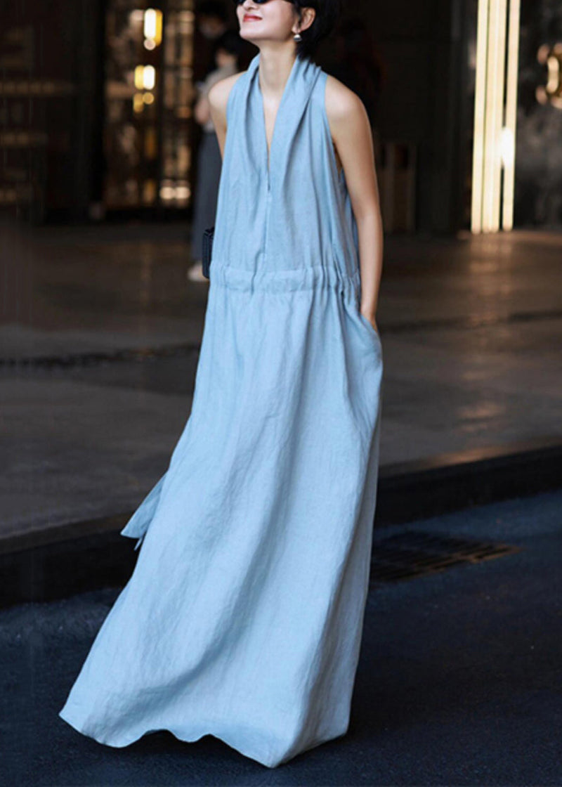 New Light Blue Pockets Tie Waist Linen Robe Dresses Sleeveless