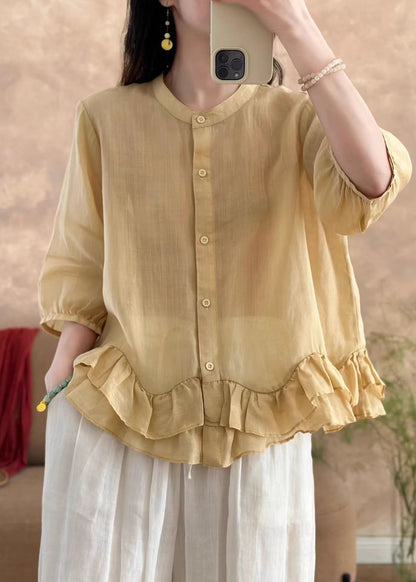New Light Blue Ruffled Patchwork Linen Shirt Bracelet Sleeve