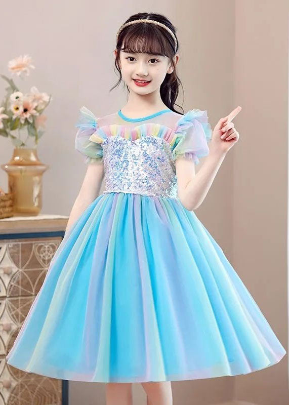 New Light Blue Ruffled Sequins Patchwork Tulle Baby Party Dress Summer