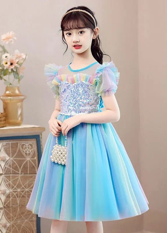 New Light Blue Ruffled Sequins Patchwork Tulle Baby Party Dress Summer