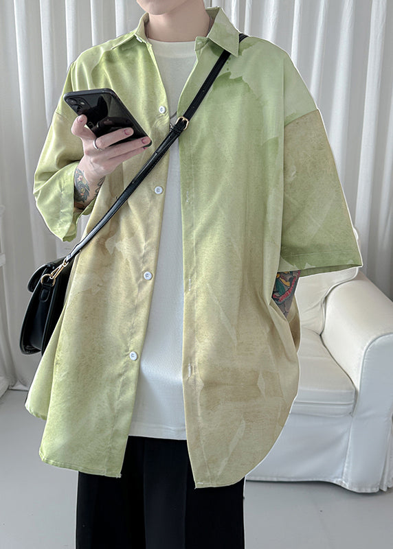 New Light Green Peter Pan Collar Tie Dye Cotton Shirts Summer