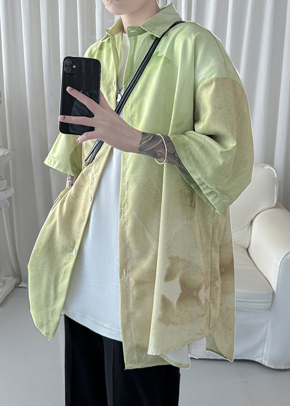 New Light Green Peter Pan Collar Tie Dye Cotton Shirts Summer