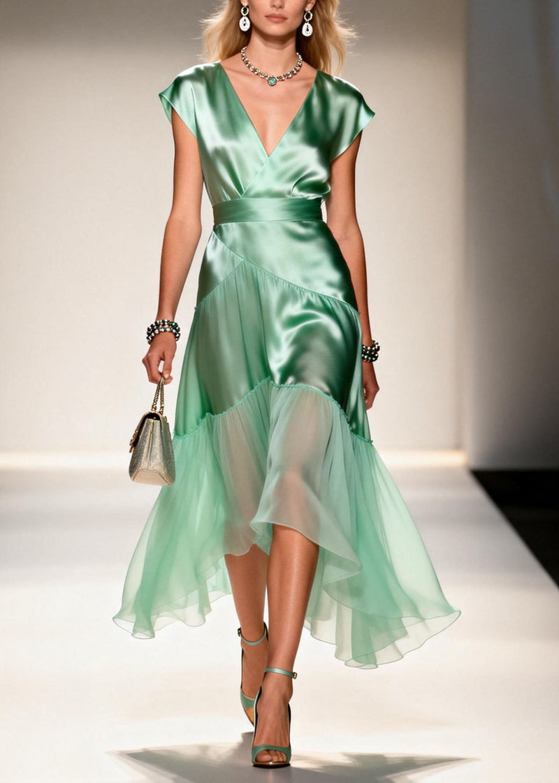 New Light Green V Neck Ruffled Patchwork Silk Dress Summer