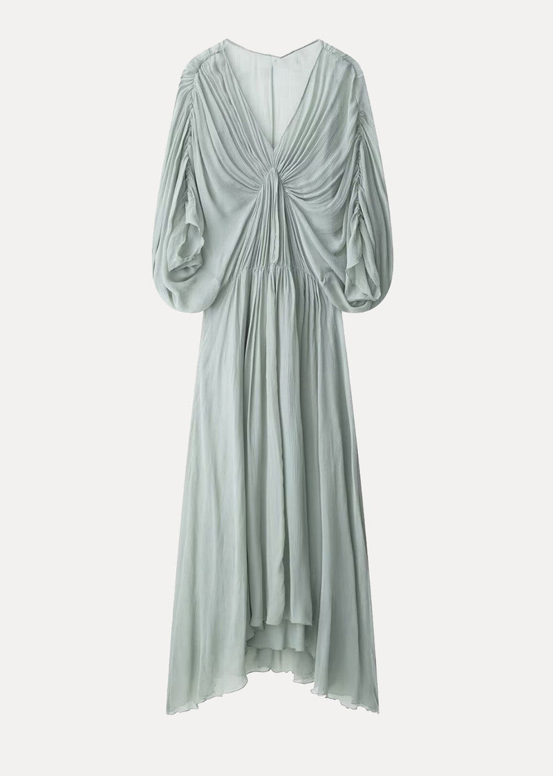 New Light Green V Neck Wrinkled Patchwork Chiffon Dresses Batwing Sleeve