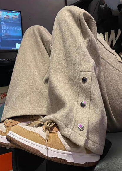 New Light Khaki Button Pockets Woolen Pants Spring