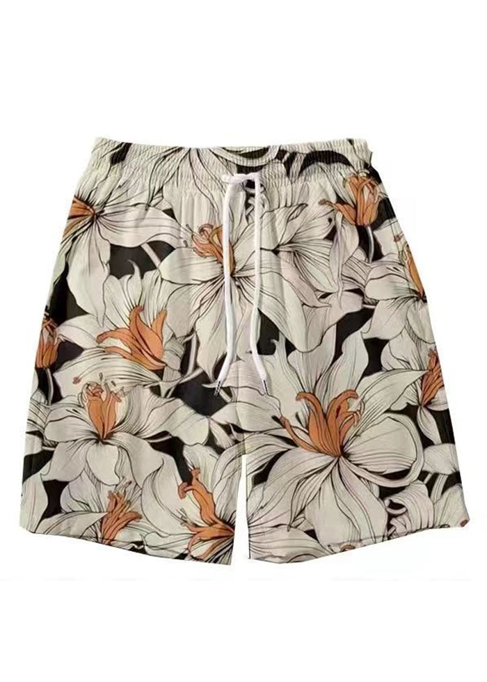 New Light Khaki Lace Up Print Elastic Waist Cotton Shorts Summer