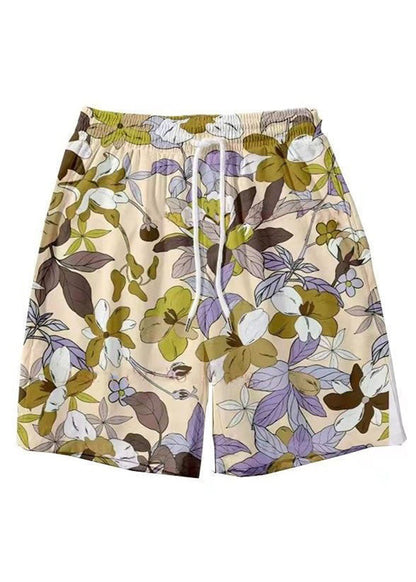 New Light Khaki Lace Up Print Elastic Waist Cotton Shorts Summer