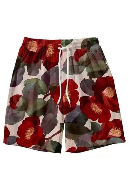 New Light Khaki Lace Up Print Elastic Waist Cotton Shorts Summer