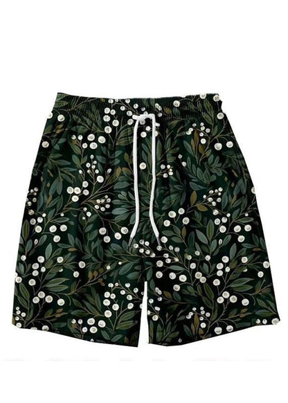 New Light Khaki Lace Up Print Elastic Waist Cotton Shorts Summer