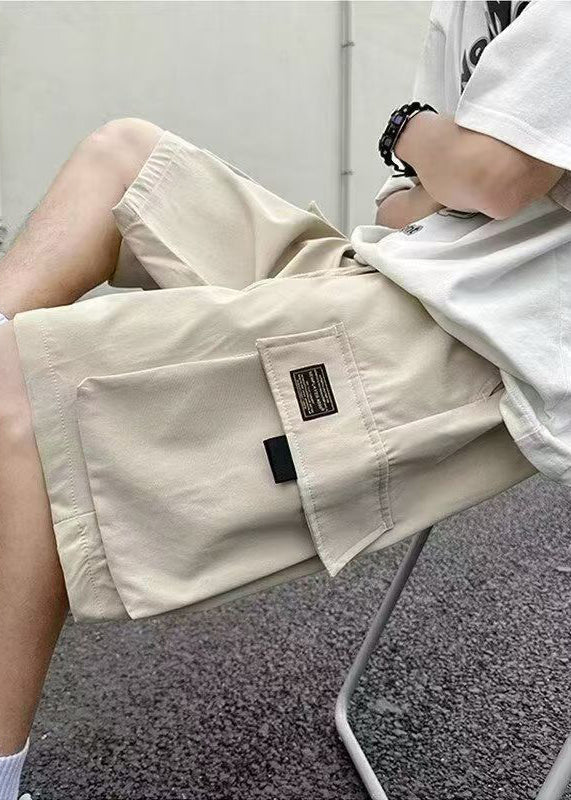 New Light Khaki Pockets Lace Up Cotton Shorts Summer