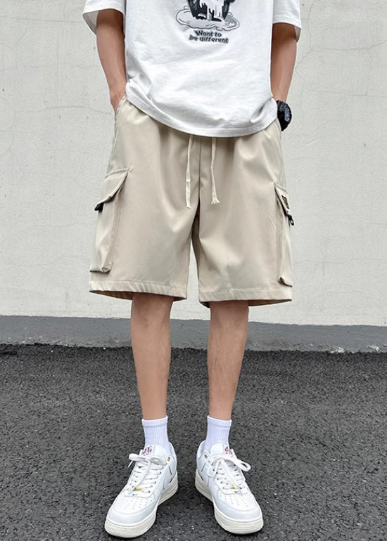 New Light Khaki Pockets Lace Up Cotton Shorts Summer