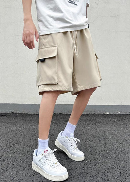 New Light Khaki Pockets Lace Up Cotton Shorts Summer