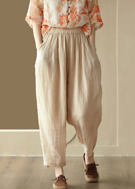 New Light Khaki Pockets High Waist Linen Harem Pants Summer