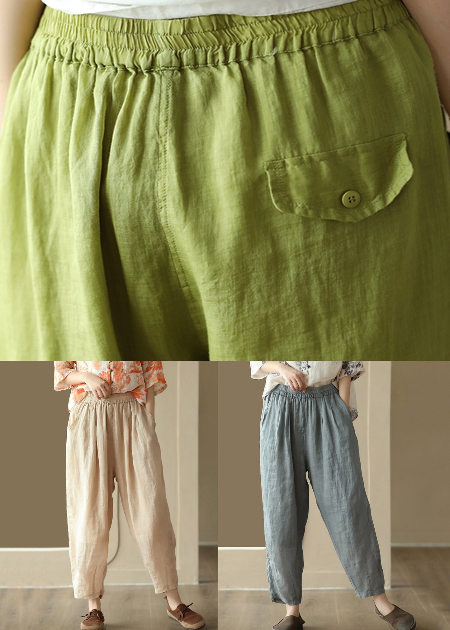 New Light Khaki Pockets High Waist Linen Harem Pants Summer