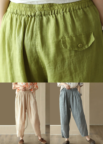 New Light Khaki Pockets High Waist Linen Harem Pants Summer