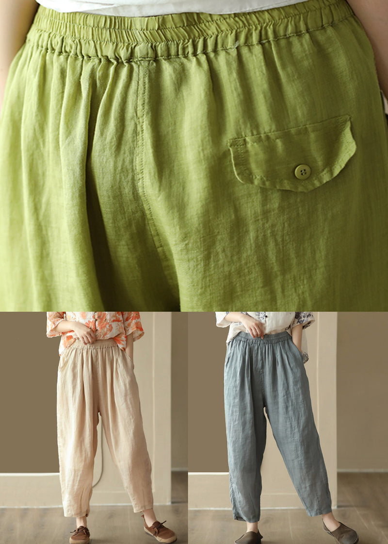 New Light Khaki Pockets High Waist Linen Harem Pants Summer