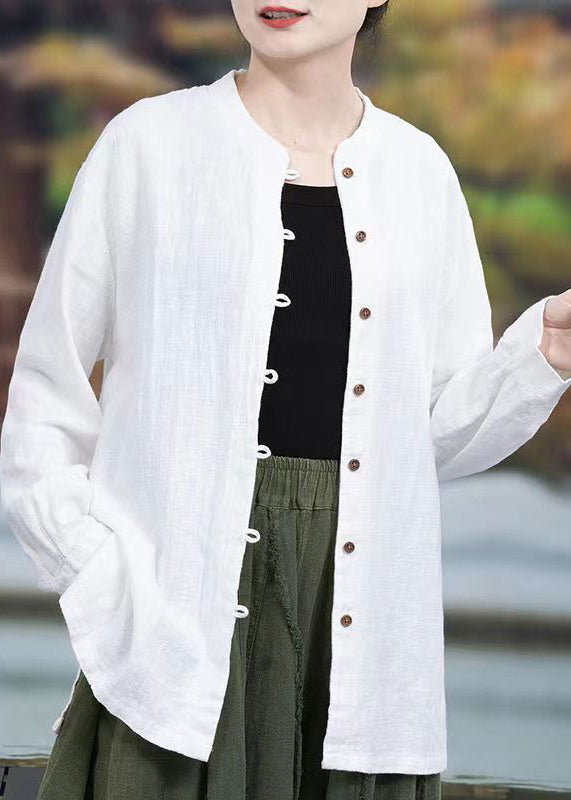 New Linen Stand Collarbutton Patchwork Linen Shirt Tops Fall