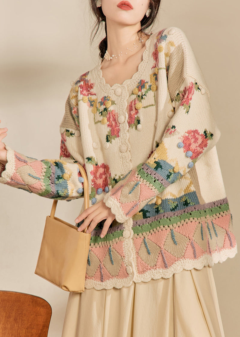 New Loose Beige Embroidered Button Knit Cardigans Spring
