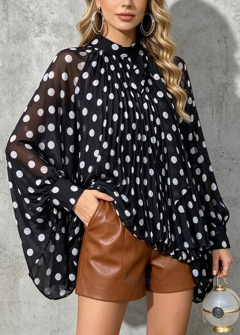 New Loose Black Dot Print Bow Chiffon Shirt Batwing Sleeve