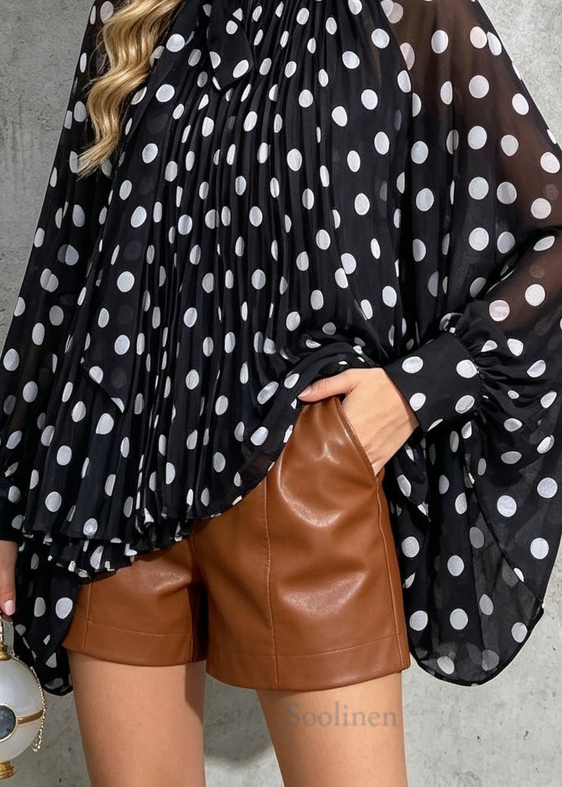 New Loose Black Dot Print Bow Chiffon Shirt Batwing Sleeve