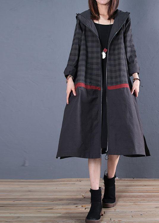 New Loose Fitting Long Coat Fall Coat Black Hooded Patchwork Coat