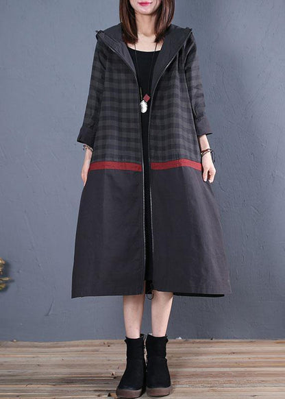 New Loose Fitting Long Coat Fall Coat Black Hooded Patchwork Coat