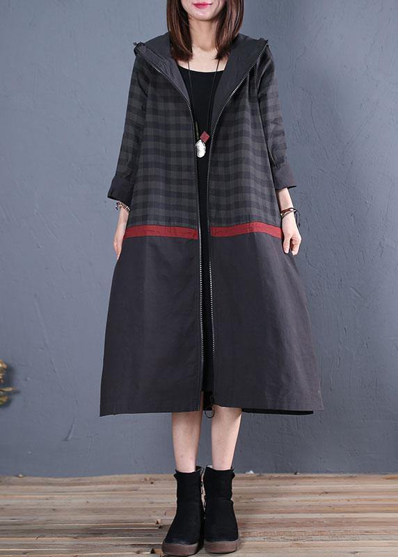 New Loose Fitting Long Coat Fall Coat Black Hooded Patchwork Coat