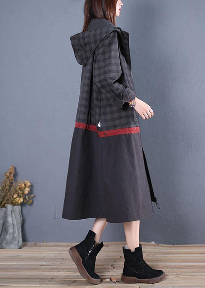New Loose Fitting Long Coat Fall Coat Black Hooded Patchwork Coat