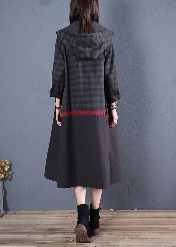 New Loose Fitting Long Coat Fall Coat Black Hooded Patchwork Coat