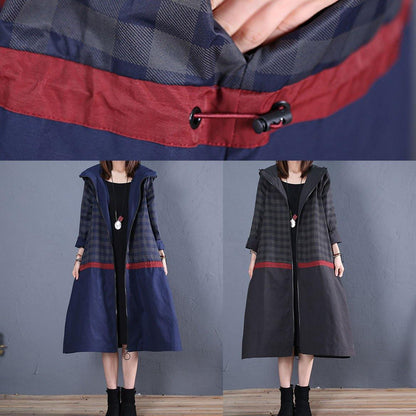 New Loose Fitting Long Coat Fall Coat Black Hooded Patchwork Coat