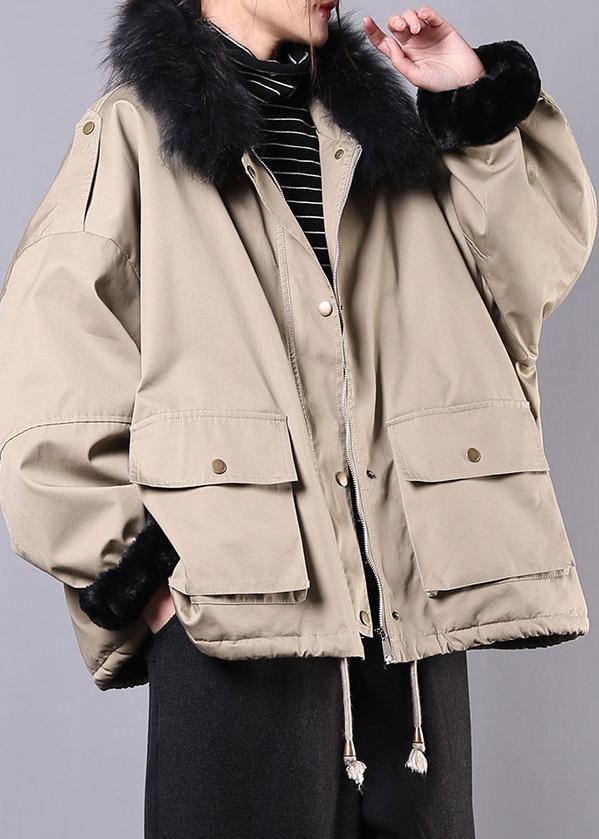 New Loose Fitting Snow Jackets Pockets Winter Coats Khaki Faux Fur Collar Outfit