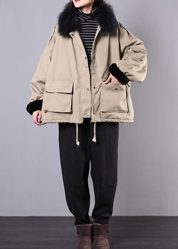 New Loose Fitting Snow Jackets Pockets Winter Coats Khaki Faux Fur Collar Outfit