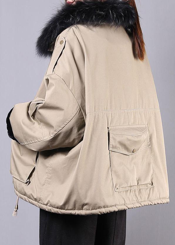 New Loose Fitting Snow Jackets Pockets Winter Coats Khaki Faux Fur Collar Outfit