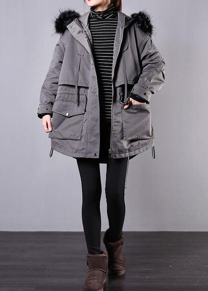 New Loose Fitting Winter Coats Gray Hooded Fur Collar Parka