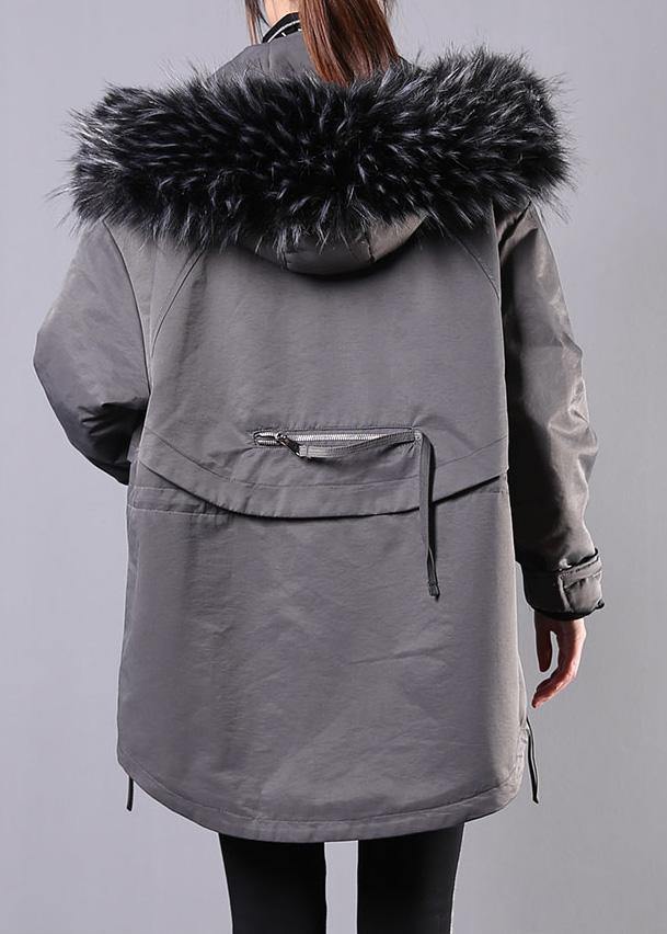 New Loose Fitting Winter Coats Gray Hooded Fur Collar Parka