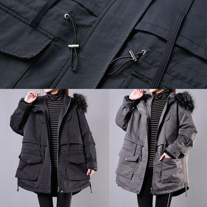 New Loose Fitting Winter Coats Gray Hooded Fur Collar Parka