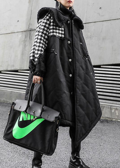 New Loose Fitting Winter Jacket Overcoat Black Patchwork Plaid Sailor Collar Coat