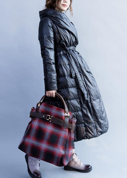 New Loose Fitting Parka Stand Collar Coats Black Tie Waist Down Jacket Woman