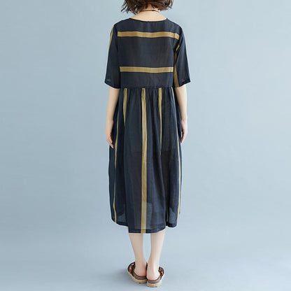 New Midi-length Linen Dress Oversized Round Neck Short Sleeve Pockets Stripe Pleated Slit Dress