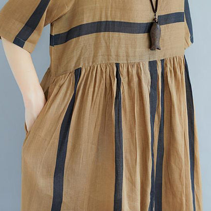 New Midi-length Linen Dress Oversized Round Neck Short Sleeve Pockets Stripe Pleated Slit Dress