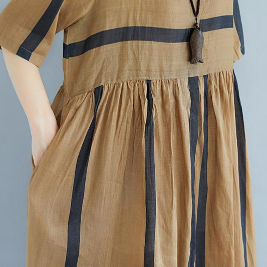 New Midi-length Linen Dress Oversized Round Neck Short Sleeve Pockets Stripe Pleated Slit Dress