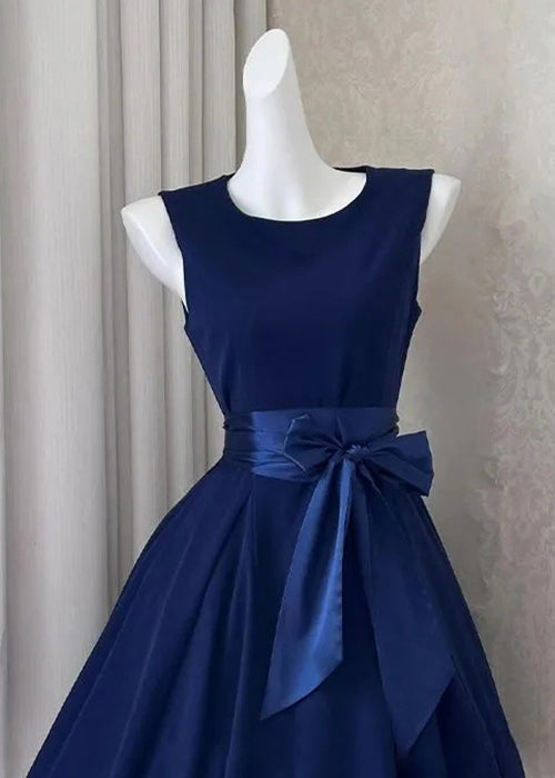 New Navy Bow Cotton Mid Dress Sleeveless