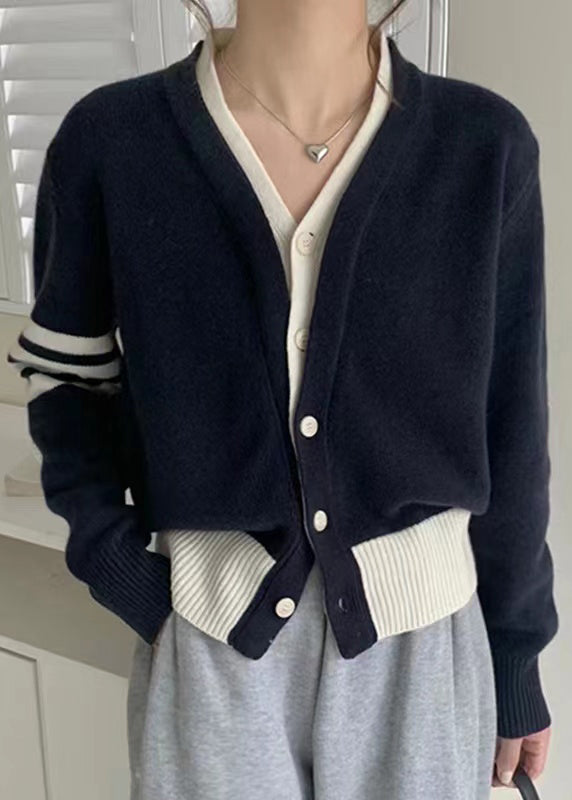 New Navy Button False Two Pieces Cotton Knit Coats Fall