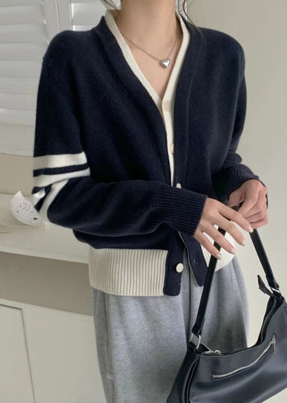 New Navy Button False Two Pieces Cotton Knit Coats Fall