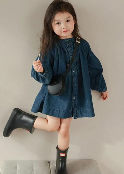 New Navy O Neck Button Patchwork Denim Shirts Coats Fall