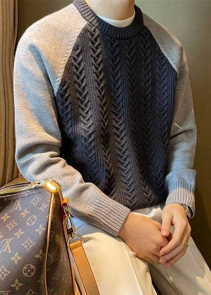 New Navy O Neck Patchwork Cable Knit Sweaters Spring