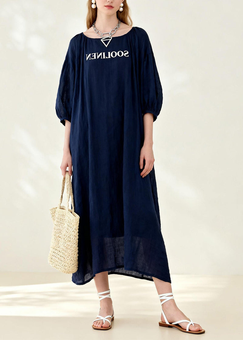 New Navy O Neck Print Linen Long Dress Summer